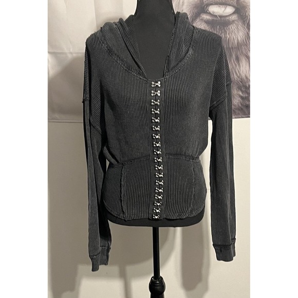 Ali &‎ Hali Hoodie Womens Small Black Waffle Knit Hook Eye Closure Pocket Casual - Picture 2 of 7